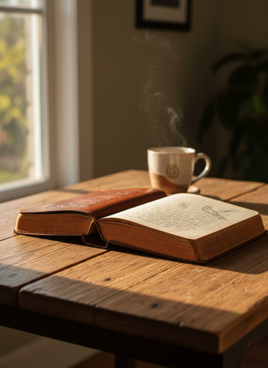 A weathered, leather-bound journal lying open on a wooden table, its cream-colored pages filled with delicate, handwritten lines that suggest thoughtful reflections without being legible. The table sits beside a large window in a quiet room, with soft late-afternoon sunlight streaming in and tracing warm highlights along the journal’s spine and the grain of the wood. A ceramic mug with faint steam rests in the background, gently blurred. Photographic realism, shot at eye level with a shallow depth of field, centering the journal as the focal point. The mood is contemplative and serene, evoking daily life reflections unfolding in solitude and stillness.