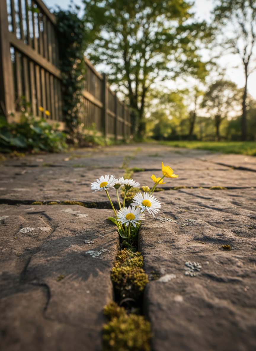 A close-up of delicate wildflowers pushing through a crack in an old stone walkway, their petals in soft whites and pale yellows catching the glow of late afternoon sun. The stone is textured and worn, with tiny patches of moss and lichen adding muted greens. In the softly blurred background, hints of a garden fence and distant trees create context without distraction. Photographic realism, shot with a very shallow depth of field from a low, almost ground-level perspective. The mood is quietly resilient and hopeful, inviting contemplation on the beauty, fragility, and persistence of life in overlooked places.
