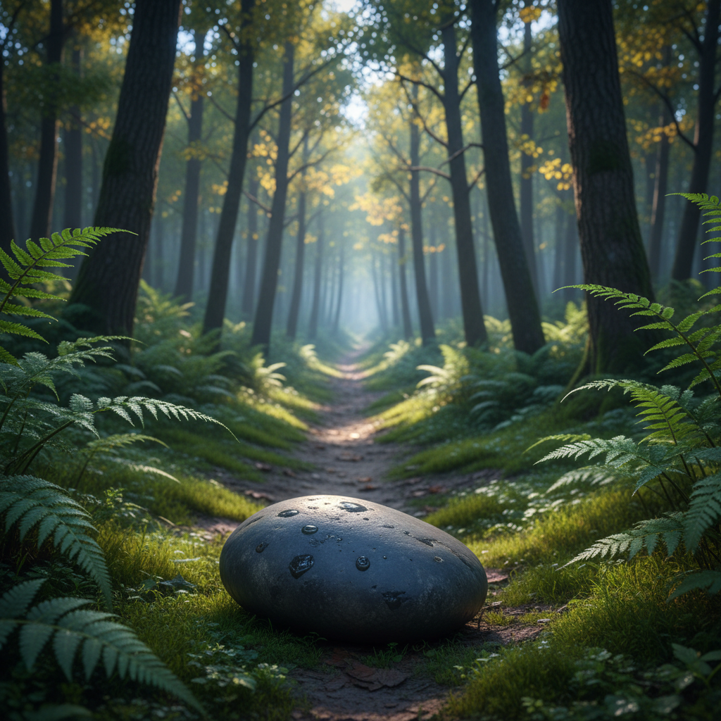 A narrow path winding through a sunlit forest, lined with tall, slender trees whose leaves filter the light into a gentle, dappled pattern on the ground. In the foreground, a single smooth river stone rests beside the path, slightly wet and catching a subtle glimmer. Dew-covered ferns and moss add rich texture along the edges. Photographic realism, captured from a low angle with the path leading into soft focus, creating a sense of depth and quiet anticipation. The lighting is early morning, cool and tranquil, suggesting a reflective walk in nature and the unfolding journey of being human.