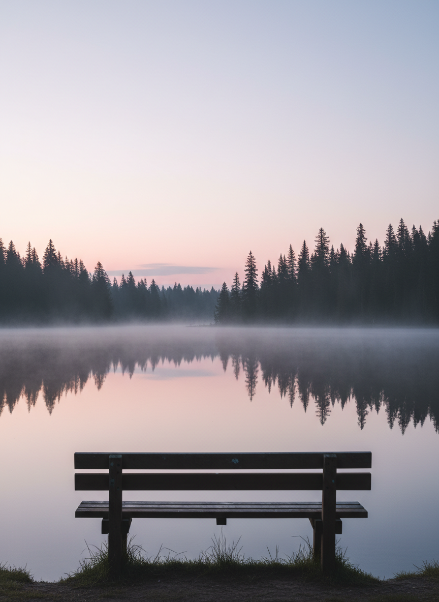 A simple, unadorned wooden bench positioned at the edge of a calm lake, its surface reflecting a pastel dawn sky of soft pinks and pale blues. Mist hovers just above the water, gently veiling the far shoreline where dark tree silhouettes rise. The bench is empty, slightly off-center in the frame, with subtle wear on the wood grain hinting at many quiet moments spent here. Photographic realism, shot from behind the bench at eye level, with a wide depth of field capturing the expansive stillness. The mood is solitary yet hopeful, inviting introspection about life, faith, and the vastness of existence.