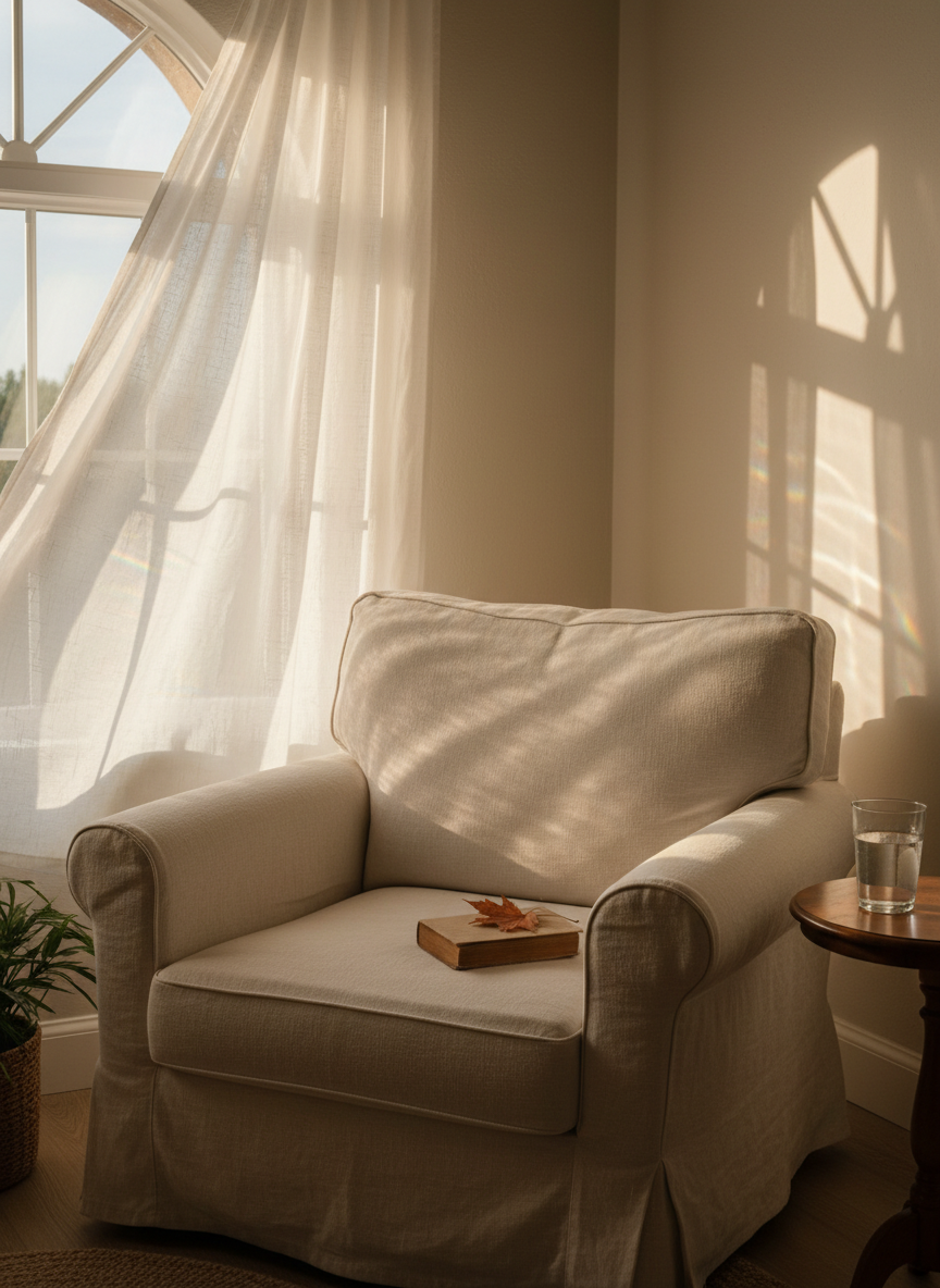 A warmly lit corner of a room with an overstuffed linen armchair facing a tall window, sheer curtains gently billowing inward from an unseen breeze. On the armrest rests a closed hardcover book with a simple cloth cover, a thin dried leaf marking a page. A small side table holds a glass of water catching the golden hour light, scattering faint reflections onto the wall. Photographic realism, captured from a slightly elevated angle with a moderate depth of field to keep the entire vignette in focus. The scene feels intimate and sophisticated, suggesting a daily ritual of quiet reflection and inner conversation about life and the divine.